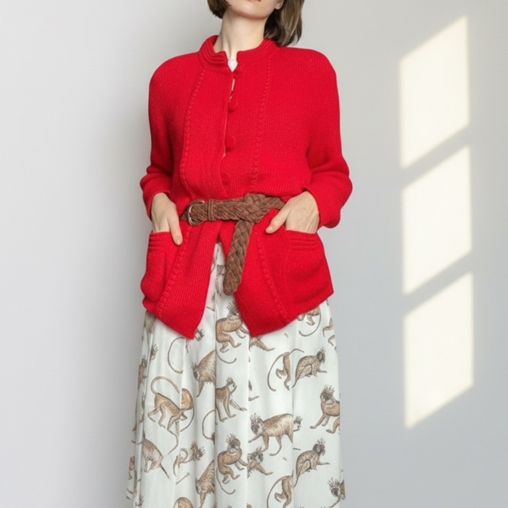 Manos Andinas Baby Alpaca Christmas Red Cardigan Sweater Soft Mock Neck Pocket M